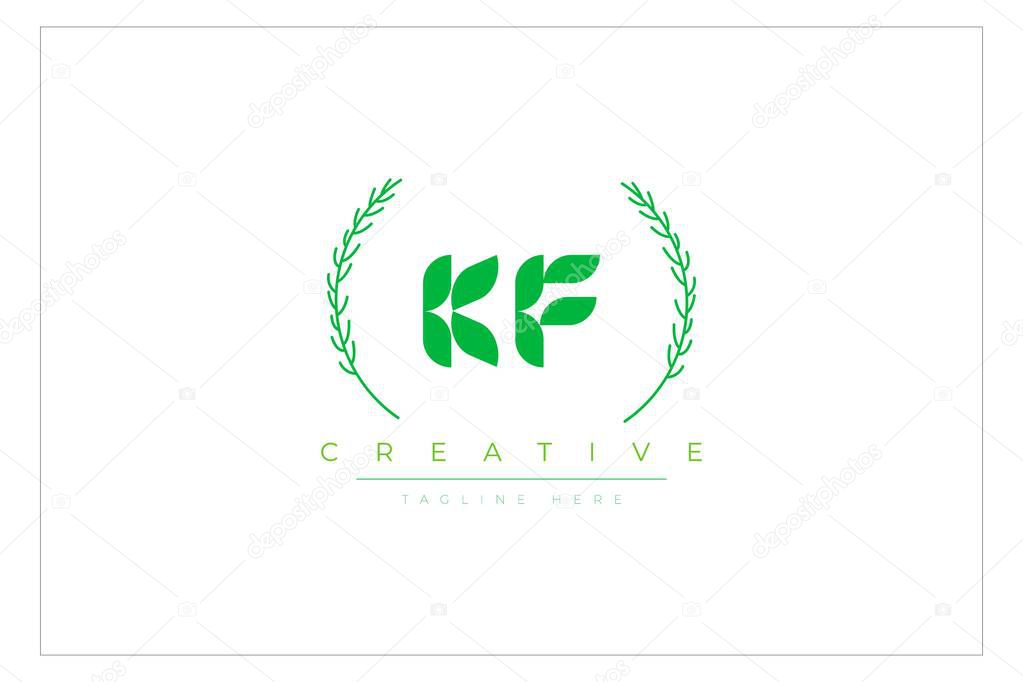 KF Green Minimalist Logo Design Featuring Natural Leaves and Text Elements. Fresh nature and healthy leaf logo design.