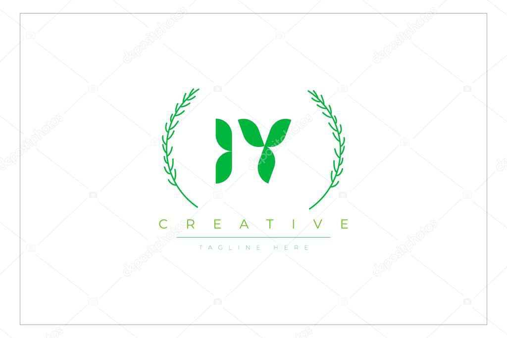 IY Green Minimalist Logo Design Featuring Natural Leaves and Text Elements. Fresh nature and healthy leaf logo design.
