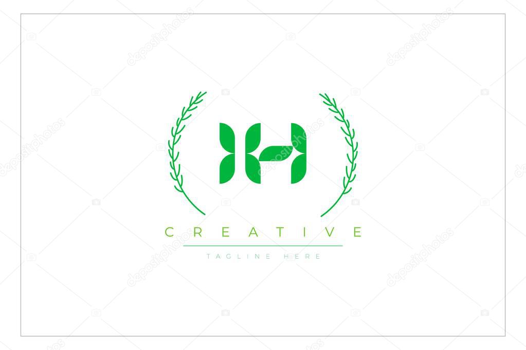 IH Green Minimalist Logo Design Featuring Natural Leaves and Text Elements. Fresh nature and healthy leaf logo design.