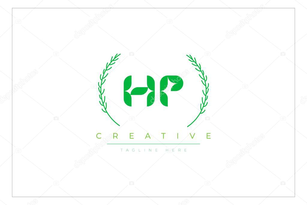 HP Green Minimalist Logo Design Featuring Natural Leaves and Text Elements. Fresh nature and healthy leaf logo design.