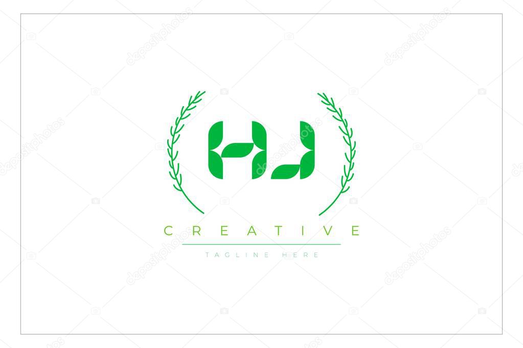 HJ Green Minimalist Logo Design Featuring Natural Leaves and Text Elements. Fresh nature and healthy leaf logo design.