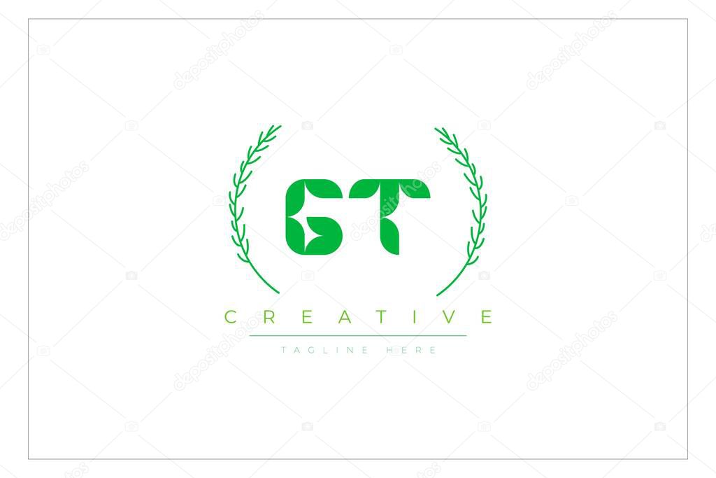 GT Green Minimalist Logo Design Featuring Natural Leaves and Text Elements. Fresh nature and healthy leaf logo design.