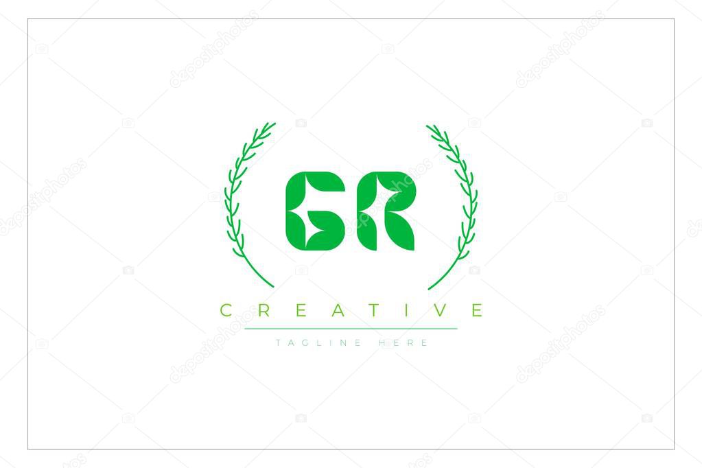 GR Green Minimalist Logo Design Featuring Natural Leaves and Text Elements. Fresh nature and healthy leaf logo design.