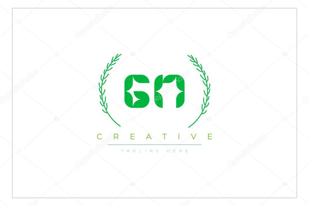 GN Green Minimalist Logo Design Featuring Natural Leaves and Text Elements. Fresh nature and healthy leaf logo design.