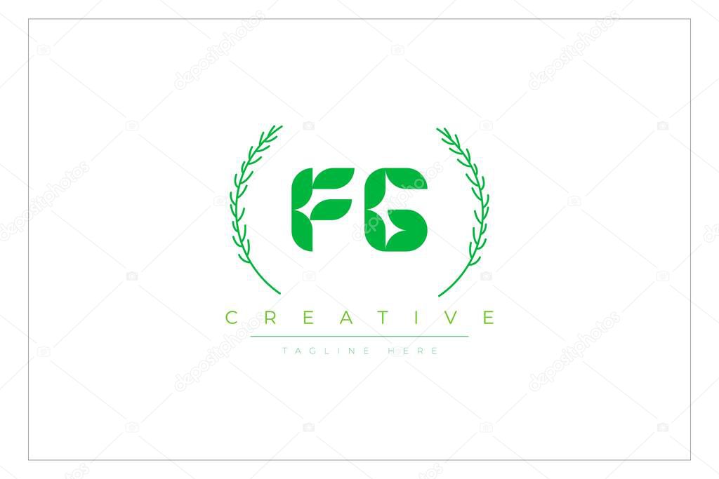 FG Green Minimalist Logo Design Featuring Natural Leaves and Text Elements. Fresh nature and healthy leaf logo design.