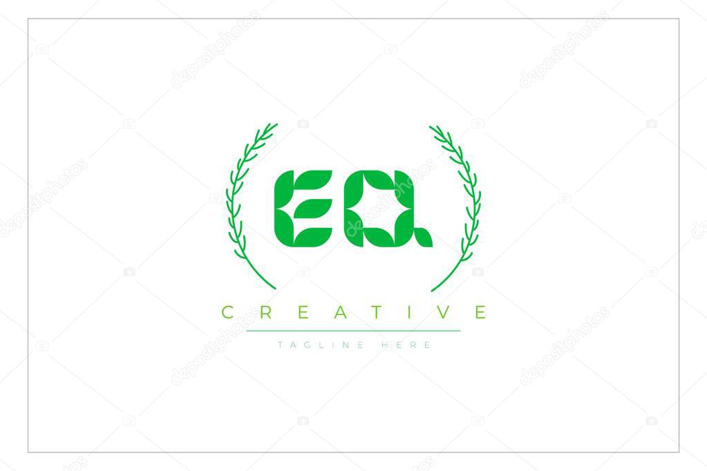 EQ Green Minimalist Logo Design Featuring Natural Leaves and Text Elements. Fresh nature and healthy leaf logo design.