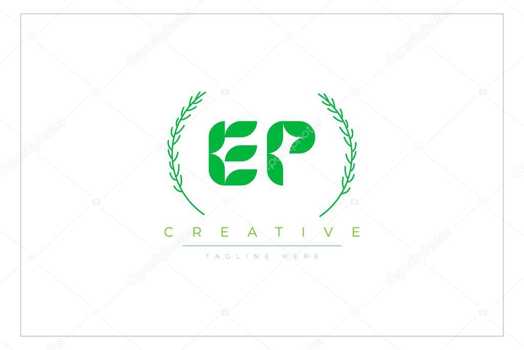 EP Green Minimalist Logo Design Featuring Natural Leaves and Text Elements. Fresh nature and healthy leaf logo design.