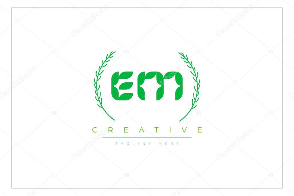 EM Green Minimalist Logo Design Featuring Natural Leaves and Text Elements. Fresh nature and healthy leaf logo design.