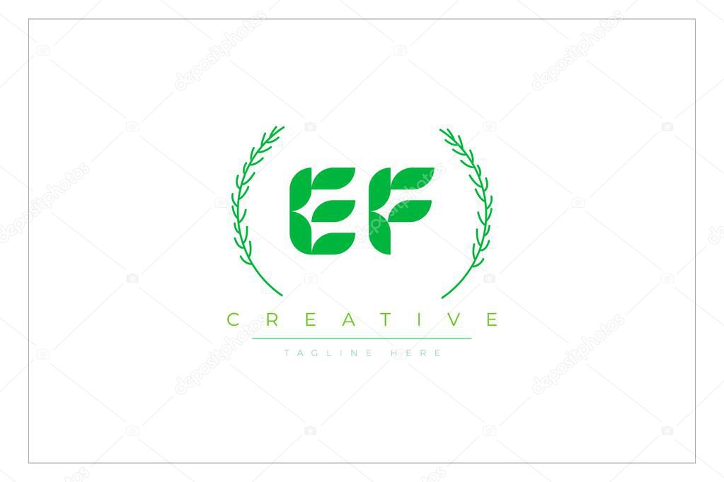 EF Green Minimalist Logo Design Featuring Natural Leaves and Text Elements. Fresh nature and healthy leaf logo design.