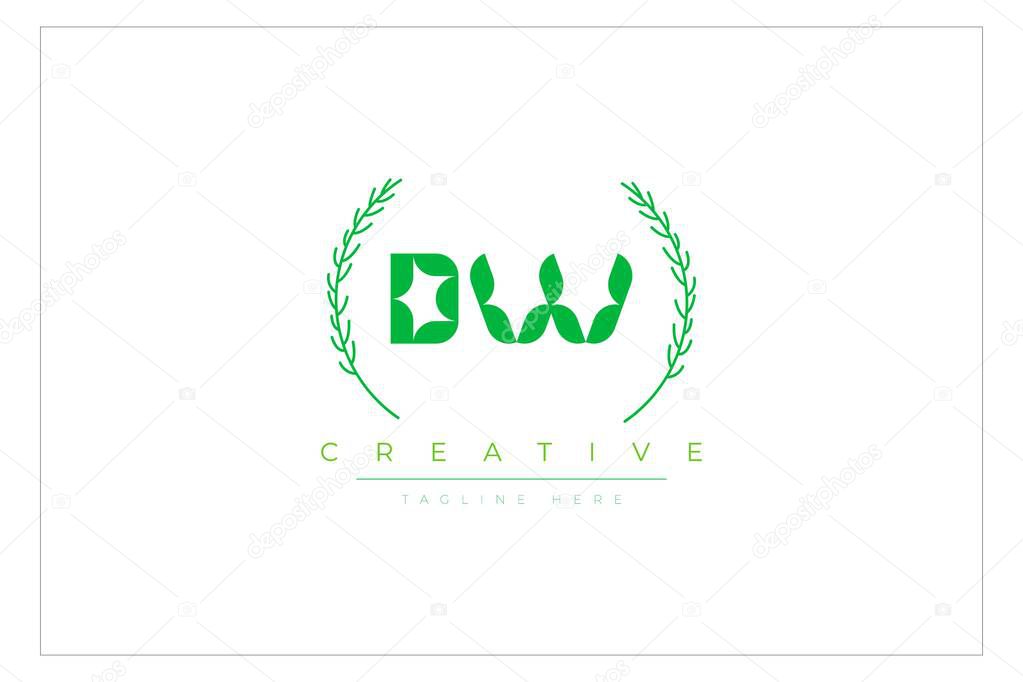 DW Green Minimalist Logo Design Featuring Natural Leaves and Text Elements. Fresh nature and healthy leaf logo design.