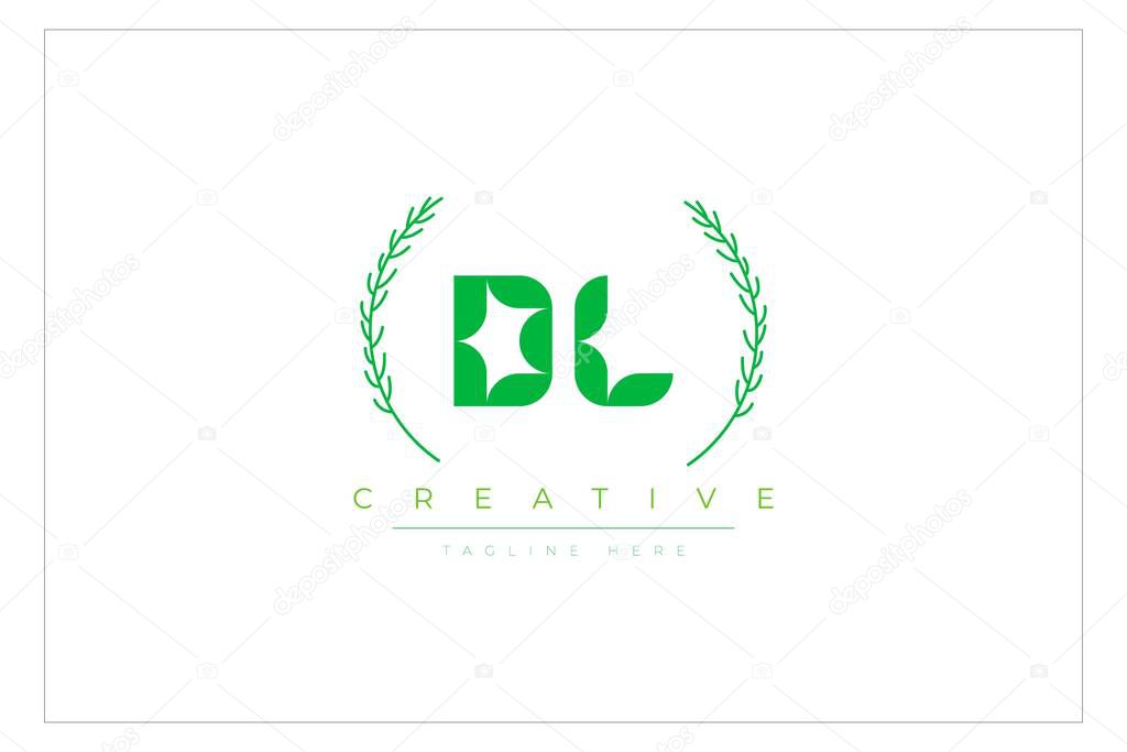 DL Green Minimalist Logo Design Featuring Natural Leaves and Text Elements. Fresh nature and healthy leaf logo design.
