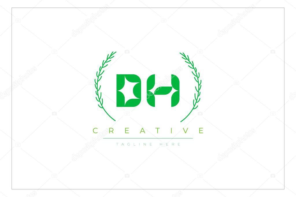 DH Green Minimalist Logo Design Featuring Natural Leaves and Text Elements. Fresh nature and healthy leaf logo design.