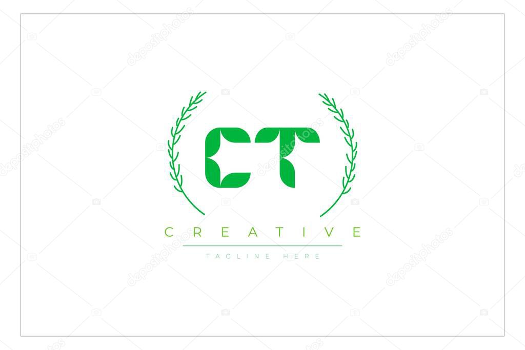CT Green Minimalist Logo Design Featuring Natural Leaves and Text Elements. Fresh nature and healthy leaf logo design.