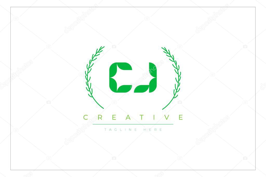 CJ Green Minimalist Logo Design Featuring Natural Leaves and Text Elements. Fresh nature and healthy leaf logo design.