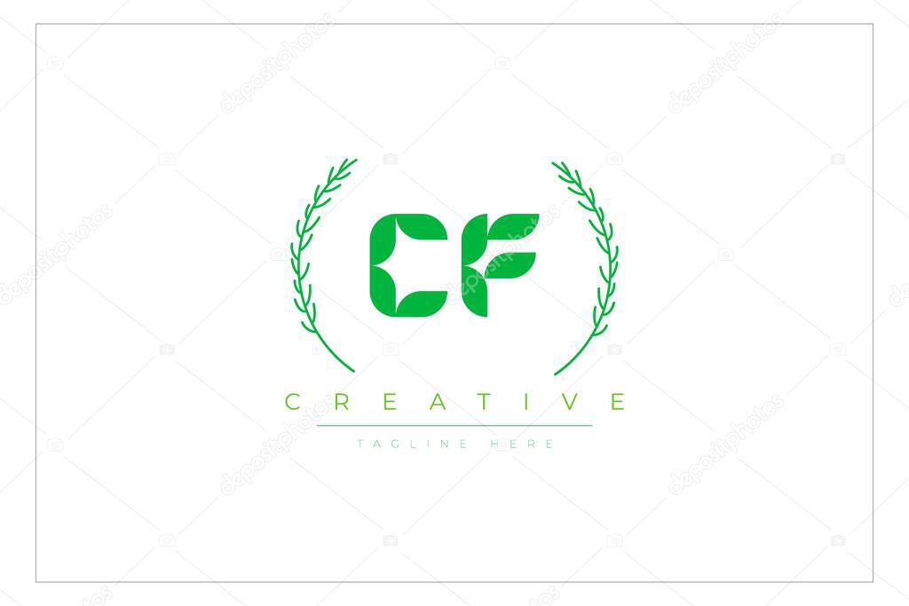 CF Green Minimalist Logo Design Featuring Natural Leaves and Text Elements. Fresh nature and healthy leaf logo design.