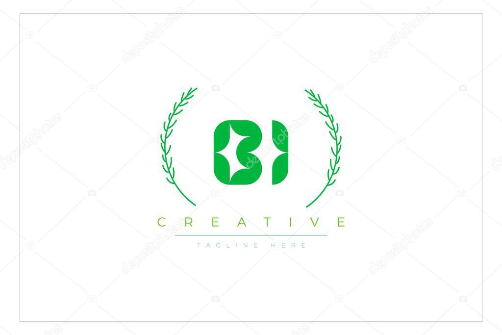 BI Green Minimalist Logo Design Featuring Natural Leaves and Text Elements. Fresh nature and healthy leaf logo design.