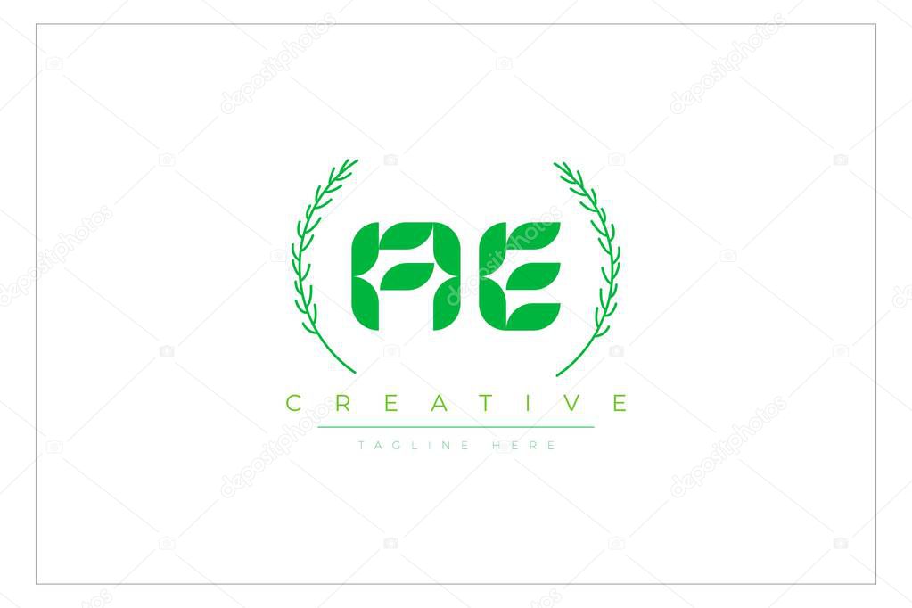 AE Green Minimalist Logo Design Featuring Natural Leaves and Text Elements. Fresh nature and healthy leaf logo design.