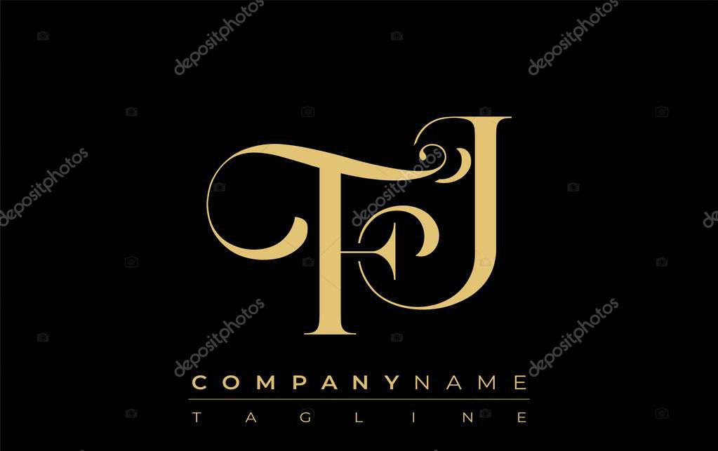 FJ Abstract Creative Jewelry Logo. A stylish logo featuring golden monogram initials in an elegant and modern typography, perfect for branding