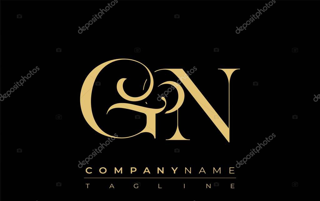 GN Abstract Creative Jewelry Logo. A stylish logo featuring golden monogram initials in an elegant and modern typography, perfect for branding
