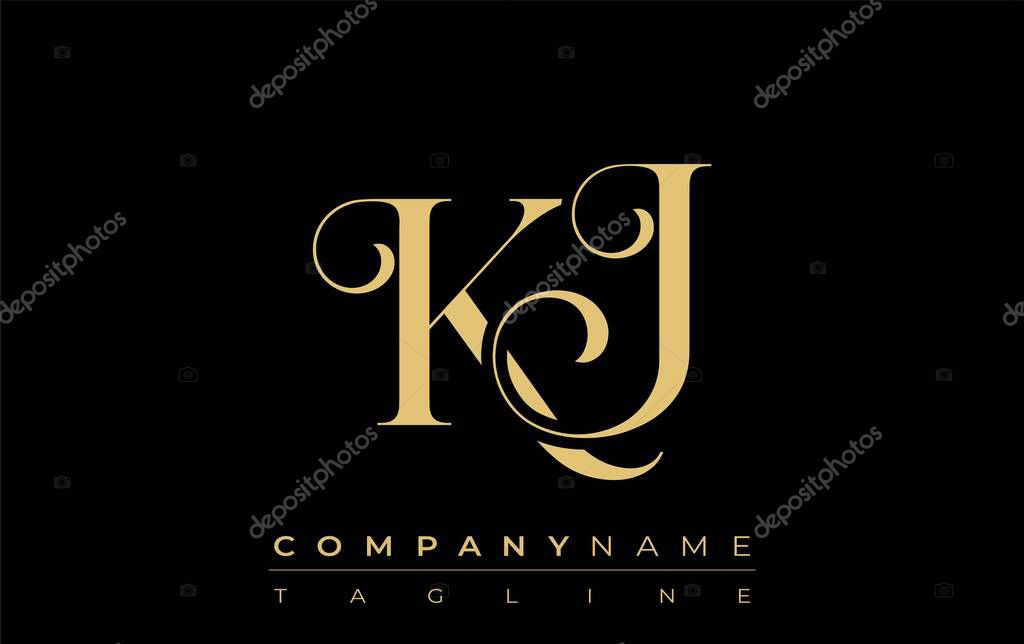 KJ Abstract Creative Jewelry Logo. A stylish logo featuring golden monogram initials in an elegant and modern typography, perfect for branding