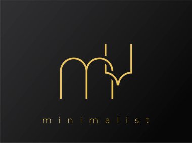 Katı Siyah Arkaplanda Birbirine Bağlı Şekiller içeren MV Minimalist Logosu. Temiz ve modern bir minimalist logo tasarımı..