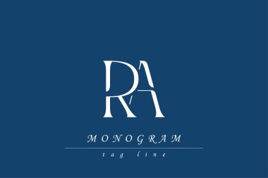 RA Baş harfleri Biçimlendirilmiş Monogram Tasarımı İç içe geçmiş. Monogram baş harflerinin sanatsal temsili yaratıcı bir şekilde düzenlenmiş ve gösterilmiş.