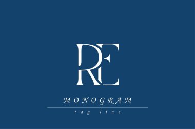 RE Baş harfleri Biçimlendirilmiş Monogram Tasarımı İç içe geçmiş. Monogram baş harflerinin sanatsal temsili yaratıcı bir şekilde düzenlenmiş ve gösterilmiş.