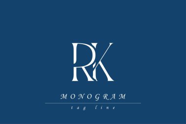 RK Baş harfleri Biçimlendirilmiş Monogram Tasarımı İç içe geçmiş. Monogram baş harflerinin sanatsal temsili yaratıcı bir şekilde düzenlenmiş ve gösterilmiş.