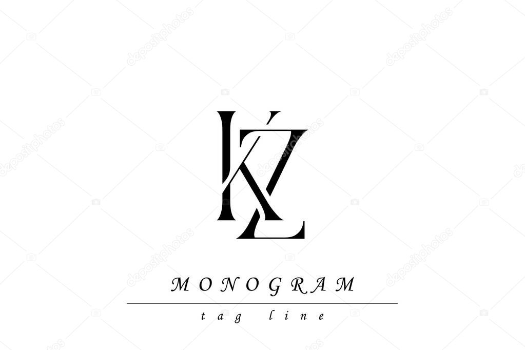 KZ Initials Stylized Monogram Design Featuring Intertwined. Artistic representation of monogram initials creatively arranged and displayed.