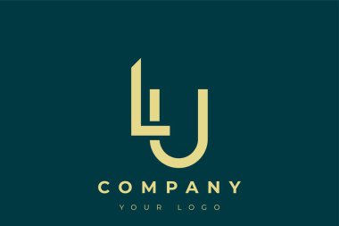 LU Modern Altın Logo. Bu modern ve zarif logo, A ve B harflerini stilize edilmiş, minimalist bir biçimde birleştiren zarif bir monogram tasarımı içeriyor. Lükse boyanmış altın renginde, deniz mavisi arkaplanına karşı.