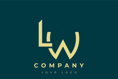 LW Modern Altın Logo. Bu modern ve zarif logo, A ve B harflerini stilize edilmiş, minimalist bir biçimde birleştiren zarif bir monogram tasarımı içeriyor. Lükse boyanmış altın renginde, deniz mavisi arkaplanına karşı.