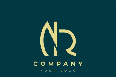 NR Modern Altın Logo. Bu modern ve zarif logo, A ve B harflerini stilize edilmiş, minimalist bir biçimde birleştiren zarif bir monogram tasarımı içeriyor. Lükse boyanmış altın renginde, deniz mavisi arkaplanına karşı.