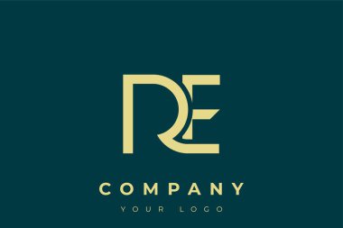 RE Modern Altın Logo. Bu modern ve zarif logo, A ve B harflerini stilize edilmiş, minimalist bir biçimde birleştiren zarif bir monogram tasarımı içeriyor. Lükse boyanmış altın renginde, deniz mavisi arkaplanına karşı.