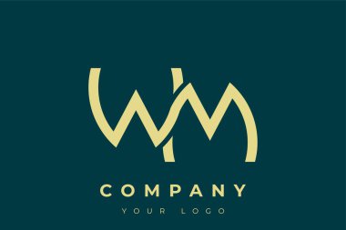 WM Modern Altın Logo. Bu modern ve zarif logo, A ve B harflerini stilize edilmiş, minimalist bir biçimde birleştiren zarif bir monogram tasarımı içeriyor. Lükse boyanmış altın renginde, deniz mavisi arkaplanına karşı.