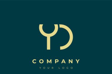 YD Modern Altın Logo. Bu modern ve zarif logo, A ve B harflerini stilize edilmiş, minimalist bir biçimde birleştiren zarif bir monogram tasarımı içeriyor. Lükse boyanmış altın renginde, deniz mavisi arkaplanına karşı.