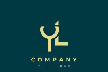YL Modern Altın Logo. Bu modern ve zarif logo, A ve B harflerini stilize edilmiş, minimalist bir biçimde birleştiren zarif bir monogram tasarımı içeriyor. Lükse boyanmış altın renginde, deniz mavisi arkaplanına karşı.