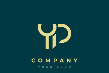 YP Modern Altın Logo. Bu modern ve zarif logo, A ve B harflerini stilize edilmiş, minimalist bir biçimde birleştiren zarif bir monogram tasarımı içeriyor. Lükse boyanmış altın renginde, deniz mavisi arkaplanına karşı.