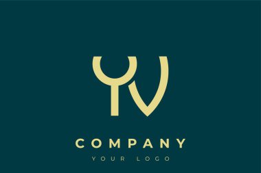 YV Modern Altın Logo. Bu modern ve zarif logo, A ve B harflerini stilize edilmiş, minimalist bir biçimde birleştiren zarif bir monogram tasarımı içeriyor. Lükse boyanmış altın renginde, deniz mavisi arkaplanına karşı.