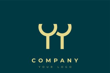 YY Modern Altın Logo. Bu modern ve zarif logo, A ve B harflerini stilize edilmiş, minimalist bir biçimde birleştiren zarif bir monogram tasarımı içeriyor. Lükse boyanmış altın renginde, deniz mavisi arkaplanına karşı.