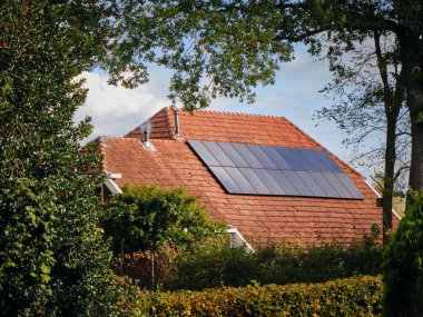 Hollanda 'da Yenilenebilir Enerji: Drenthe' de, verimli yeşilliklerle çevrili, kırsal sürdürülebilirlik gösteren, kırmızı kiremitli çatısında güneş panelleri bulunan geleneksel bir çiftlik evi.