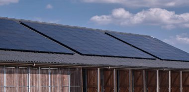 Hollanda 'daki yeşil enerji geçişini destekleyen tarım binasının çatısına kurulmuş geniş bir dizi güneş paneli, günlük ortamlarda sürdürülebilir enerji çözümlerinin bir göstergesi