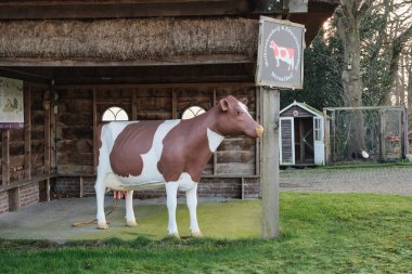 2 Şubat 2025 - Echten, Hollanda: Eğitimsel bir mandıra çiftliğinin bir parçası olan sazdan çatılı ahşap bir çiftlik barınağında gerçek boyutta bir inek heykeli duruyor.
