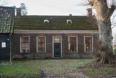 2 Şubat 2025 - Echten, Drenthe, Hollanda: Çürüme belirtileri gösteren, kısmen yosunla kaplanmış, fazla gelişmiş kiremitli eski, yıpranmış bir çiftlik evi.