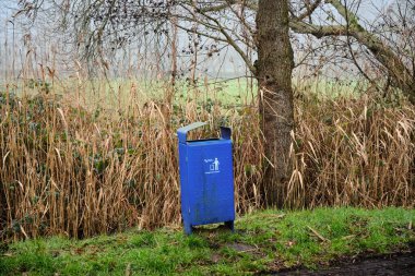 16 Ocak 2025 - Hoogeveen, Hollanda: Bir ağacın yanında duran mavi bir çöp kovası ve sisli kırsal alanda uzun kuru otlar, temizliği teşvik ediyor.