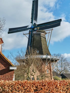 Gieten-Hollanda: Tarihi yel değirmeni De Hazewind, mavi gökyüzü altında kırmızı ve beyaz cepheli konut evlerinin arkasında kısmen görünür.