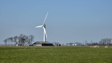 Hollanda, Friesland 'da bir çiftlikte modern bir rüzgar türbini. Etrafı yeşil tarlalarla çevrili. Bir ahır, ağaçlar ve açık mavi gökyüzünün altında bir traktör..