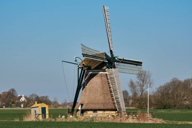 Tarihî Kimswerder Değirmeni, Friesland, Hollanda 'nın arka planında, bahar aylarında huzurlu bir kırsal alanda dahice yelken sistemi ve çiftlikleriyle.