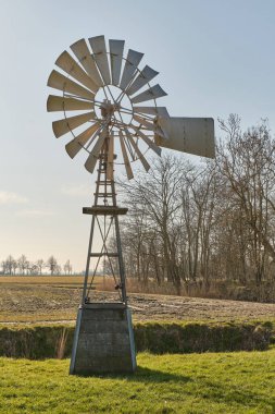 Klasik bir Amerikan yel değirmeni, açık bir bahar gününde sıcak güneş ışığıyla yıkanan, tarlalarla ve çıplak ağaçlarla çevrili, Hollanda kırsalında dimdik ayakta duruyor..