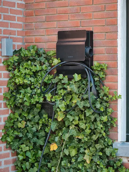 Hollanda: Modern tuğla ev duvarına monte edilmiş elektrikli araç şarj istasyonu, Hollanda 'nın tarihi yerleşim bölgesindeki yerel EV altyapısını gösteriyor.