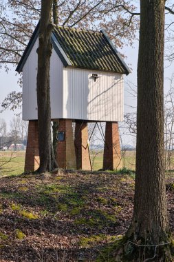9 Mart 2025 - Leens-Hollanda: Borg Verhildersum parkında, ağaçlar ve kırsal alanla çevrili uzun tuğlalı sütunların üzerinde geleneksel ahşap güvercin.